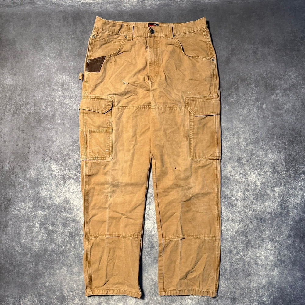 Wrangler Riggs Workwear Men 32x32 Brown Canvas Cargo Carpenter Pants Double Knee